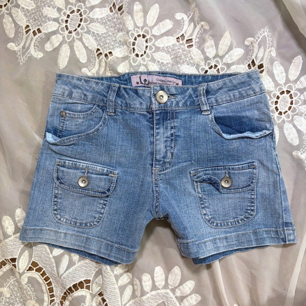 Y2K LEI Lowrise Denim Shorts Medium Wash Blue Utility Pockets XS